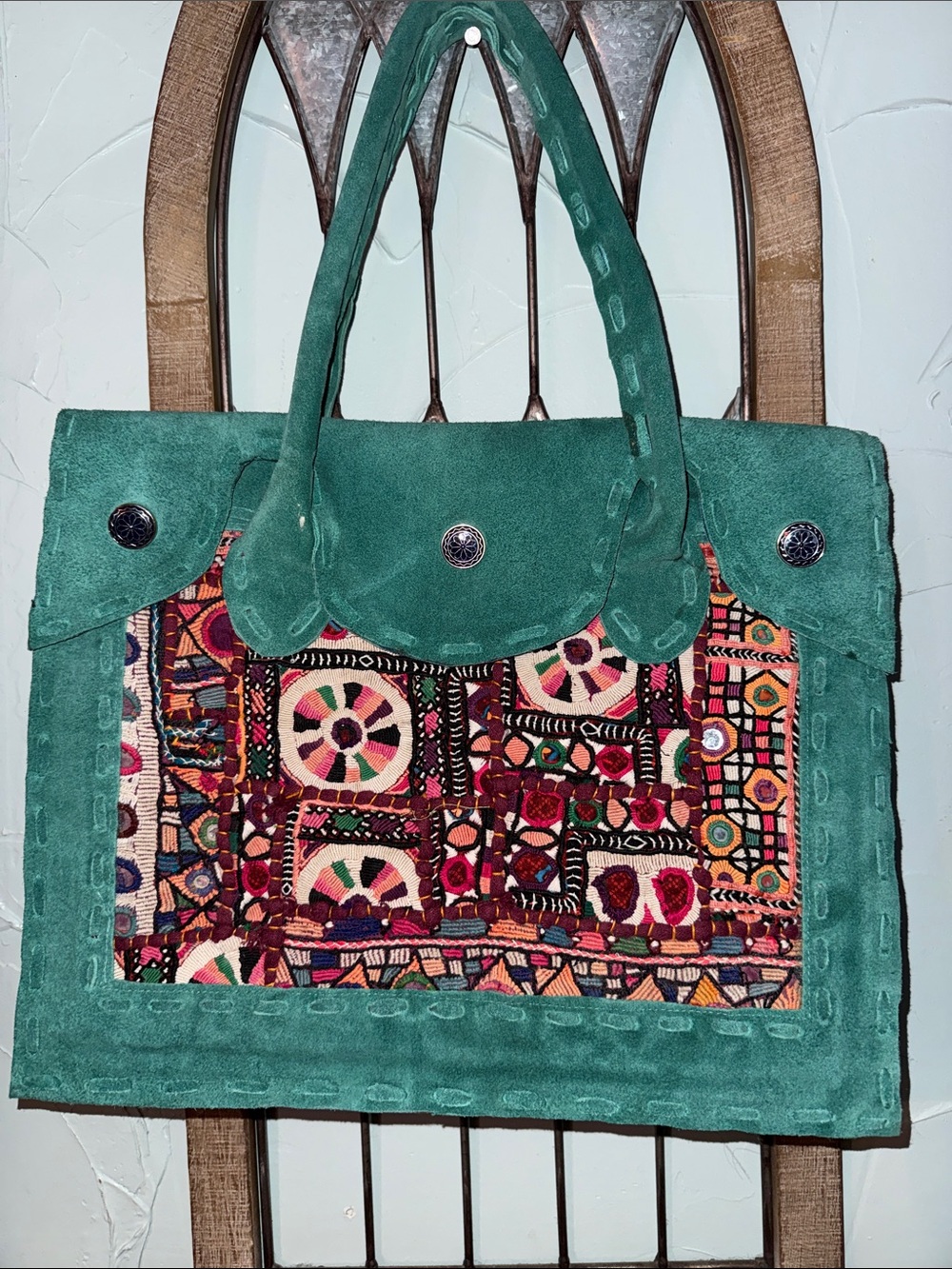 Green Suede Tote with Colorful Embroidered Panel